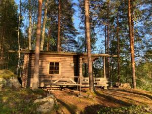 a log cabin in the middle of a forest at Metsäsydän mökki 1 Minttumaari in Puumala