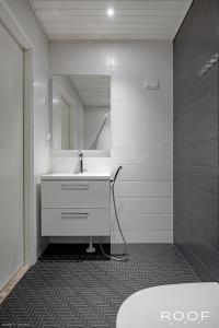 a bathroom with a sink and a mirror at Huoneisto terassilla & parkkipaikalla in Espoo
