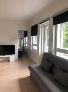 a living room with a couch and a television at Huoneisto terassilla & parkkipaikalla in Espoo