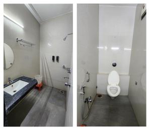 潘达尔普尔Hotel Aishwarya的两张带有马桶和水槽的浴室的照片