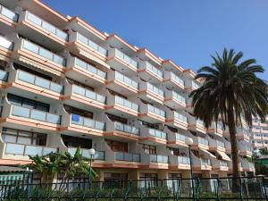 un grand bâtiment avec un palmier devant lui dans l'établissement Apartamentos Australia, à Playa del Ingles