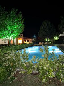 eine Nachtansicht eines blauen Swimmingpools in der Unterkunft Ada Adrasan Hotel in Kumluca