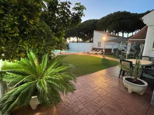 un patio con 2 palmeras y una mesa en Azafama Buena, en Chiclana de la Frontera 32 fotos más