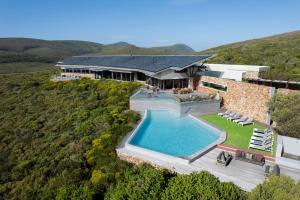 an aerial view of a house with a swimming pool at Grootbos Private Nature Reserve in Gansbaai