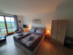 una camera da letto con un letto grande e una grande finestra di "Arberblick" im Ferienland Sonnenwald Arberblick a Schöfweg