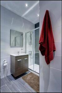 a bathroom with a shower and a sink and a toilet at Seafront 1 bedroom Maisonette in Kalkara