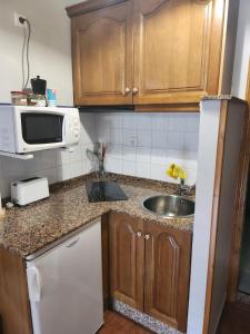une petite cuisine avec un évier et un micro-ondes dans l'établissement Valles del Narcea, Apartamentos Rurales, à Cangas del Narcea 54 autres photos