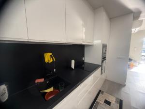 a black and white kitchen with white cabinets at Villaparaiba in São Mamede de Infesta