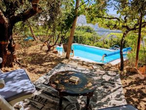 einen Hinterhof mit einem Tisch und einem Pool in der Unterkunft Casa rural para 4 personas, 2 dormitorios y terraza sombreada - El Cortijo Escondido, La Uva in Ohanes + 51 Fotos