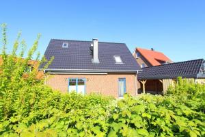 ein Haus mit schwarzem Dach und einigen Büschen in der Unterkunft Ferienhaus Strandmuschel in Groß Schwansee