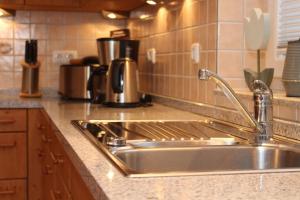 eine Spüle aus rostfreiem Stahl in einer Küche in der Unterkunft Ferienhaus Strandmuschel in Groß Schwansee + 33 Fotos