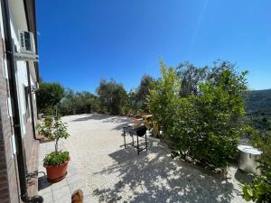 a patio with a chair and a table and trees at Villa Gargano in Vico del Gargano
