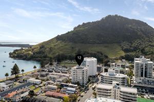 une ville avec un ballon noir avec le numéro dessus dans l'établissement Luxe Mount Escape Stunning Sea Views Pool & Gym, à Mount Maunganui