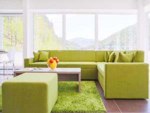 ein Wohnzimmer mit einem grünen Sofa und einem Tisch in der Unterkunft Villa Irene in Trenčianske Teplice