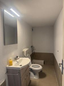 a bathroom with a white toilet and a sink at Theros Apartments in Mola Kalyva +57 photos