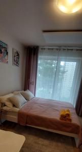 une chambre avec un grand lit avec une grande fenêtre dans l'établissement Summer, à Palanga 11 autres photos