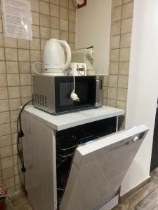 a microwave sitting on top of a counter at Due passi dal mare in Livorno +33 photos