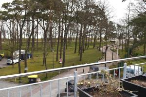 Seepassage Ferienwohnung Nr 06 في تيميندورفير ستراند: اطلاله على حديقة فيها اشجار وميدان