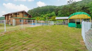 a yard with a fence and a house at Cheongdo Ellago Poolvilla Pension in Cheongdo