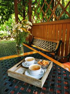 een dienblad met twee kopjes koffie op een tafel bij Lipowa 6 Łagów Lubuski in Łagów