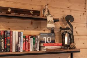a book shelf with books and a doll on it at Zacisze Anioła in Łobozew
