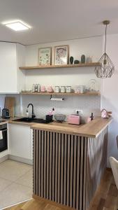 une cuisine avec un comptoir avec un évier et un plan de travail dans l'établissement Apartman Aurora, à Aranđelovac