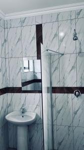 a bathroom with a sink and a glass shower at De Mose Family Lodge in KwaZibukwane