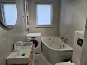 a bathroom with a sink and a washing machine at Apartament Lazurowy Olsztyn in Olsztyn