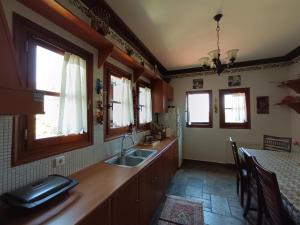 eine Küche mit einer Spüle und einer Theke mit Fenstern in der Unterkunft Villa Lechonia in Káto Lekhónia
