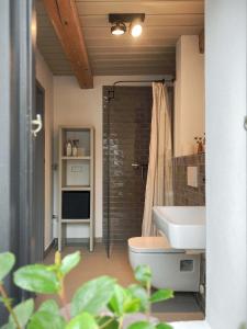 a bathroom with a sink and a toilet and a shower at Ferienwohnung 2, Schlaf-Gut-Johannis, Flensburg in Flensburg +12 photos