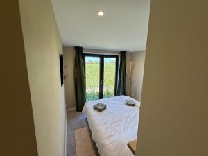 a bedroom with a bed and a large window at Vakantiehuis Blik op Zoutelande in Biggekerke