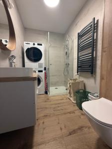Un baño con lavabo y lavadora. en Apartament Kostrzyńska 59 m2, en Gorzów Wielkopolski