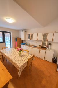 a kitchen with a table with a vase of flowers on it at Hiša Vanda in Dobrovo