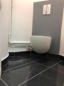 baño con aseo blanco y suelo de baldosa negra en Cozy appart 15Mn Champs-Élysées, en París
