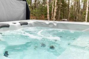 a bath tub filled with blue water next to a forest at Spa & Pool table - Chalet D-tente in Saint Come