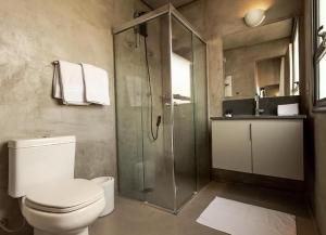 a bathroom with a toilet and a glass shower at Hotel Centro433 in Sao Paulo +53 photos