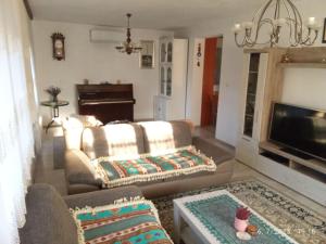 a living room with a couch and a television at Hiža Guesthouse in Sarajevo