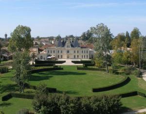 an aerial view of a large house with a green yard at Château de Lussac in Lussac