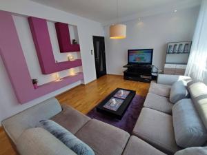 a living room with a couch and a tv at Simply The Best - Vitosha blvd in Sofia