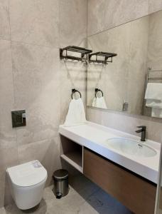 a bathroom with a sink and a toilet and a mirror at Radamis Hotel & Restaurant in Almaty +2 photos