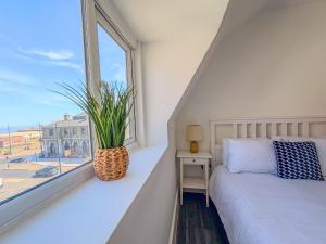 a bedroom with a bed and a window with a plant at Euston Road - Beach Apartment 4 in Great Yarmouth