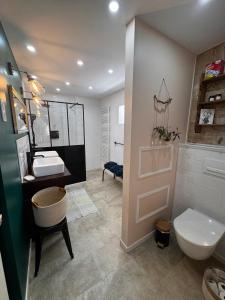 a bathroom with a toilet and a sink in it at La Pause d'Antan  +18 photos