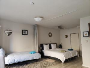 Un dormitorio con dos camas y un espejo. en Yuki, en Zandvoort 48 fotos más