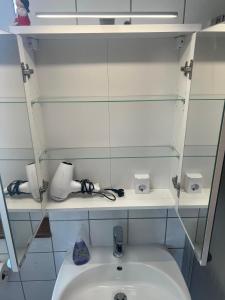 a bathroom with a sink and some shelves at Ferienzimmer Moller in Kolitzheim