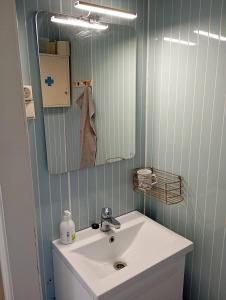 a bathroom with a white sink and a mirror at sydtorp charming old house in the countryside in Rosendal