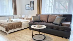 salon z kanapą i stołem w obiekcie Apartament Rynek 40m2 Wrocław Stare Miasto we Wrocławiu