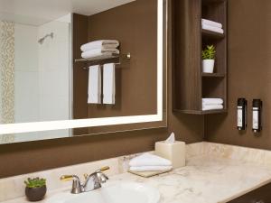 un bagno con lavandino, specchio e asciugamani di Varscona Hotel on Whyte a Edmonton