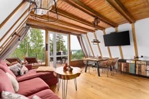 a living room with a couch and a table with a tv at Kaszuby Lake View in Żuromino