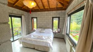 a bedroom with a bed in a room with windows at Arcano Casa Montaña in Villa La Angostura