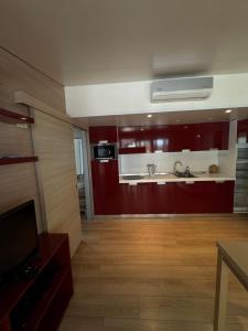 una cucina con armadi rossi, lavandino e bancone di Mobile Home RUŽMARIN a Sveti Juraj Altre 16 foto